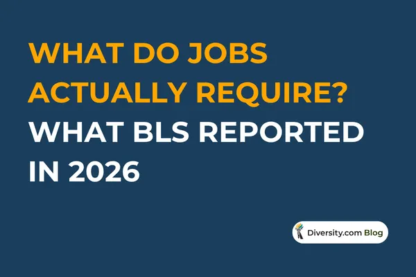 Text graphic with a dark blue background reading: ‘What Do Jobs Actually Require? What BLS Reported in 2026’ in bold white and orange font. A Diversity.com Blog label is positioned in the bottom right corner.