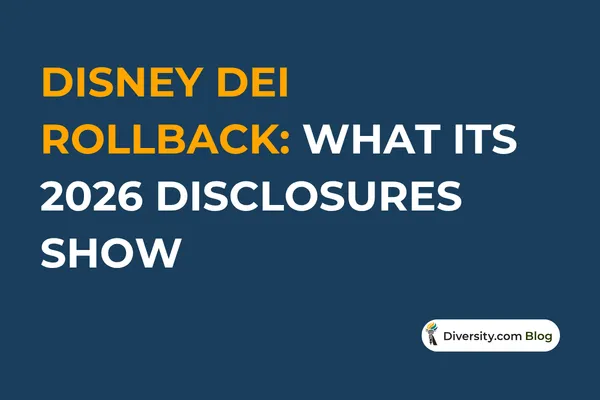 Text graphic with a dark blue background reading: ’Disney DEI Rollback: What Its 2026 Disclosures Show’ in bold white and orange font. A Diversity.com Blog label is positioned in the bottom right corner.