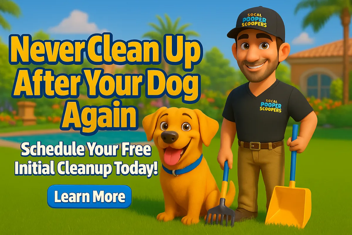 SoCal Pooper Scoopers team cleaning a San Diego yard, promoting pet waste removal and environmental safety.