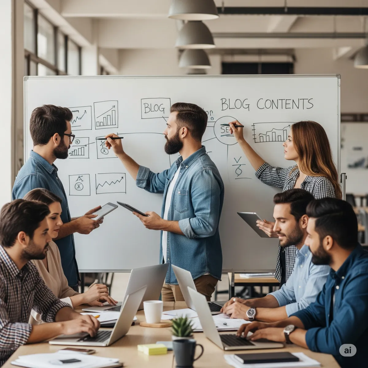 A team of SEO strategists working together to create content.
