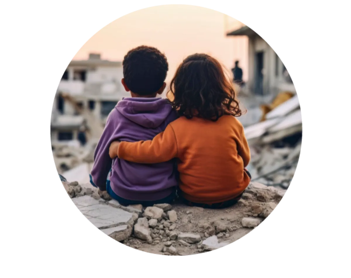 Two children sitting together in an embrace, surrounded by rubble in a conflict zone, representing Play for Peace's mission to support children in crisis, 2024.