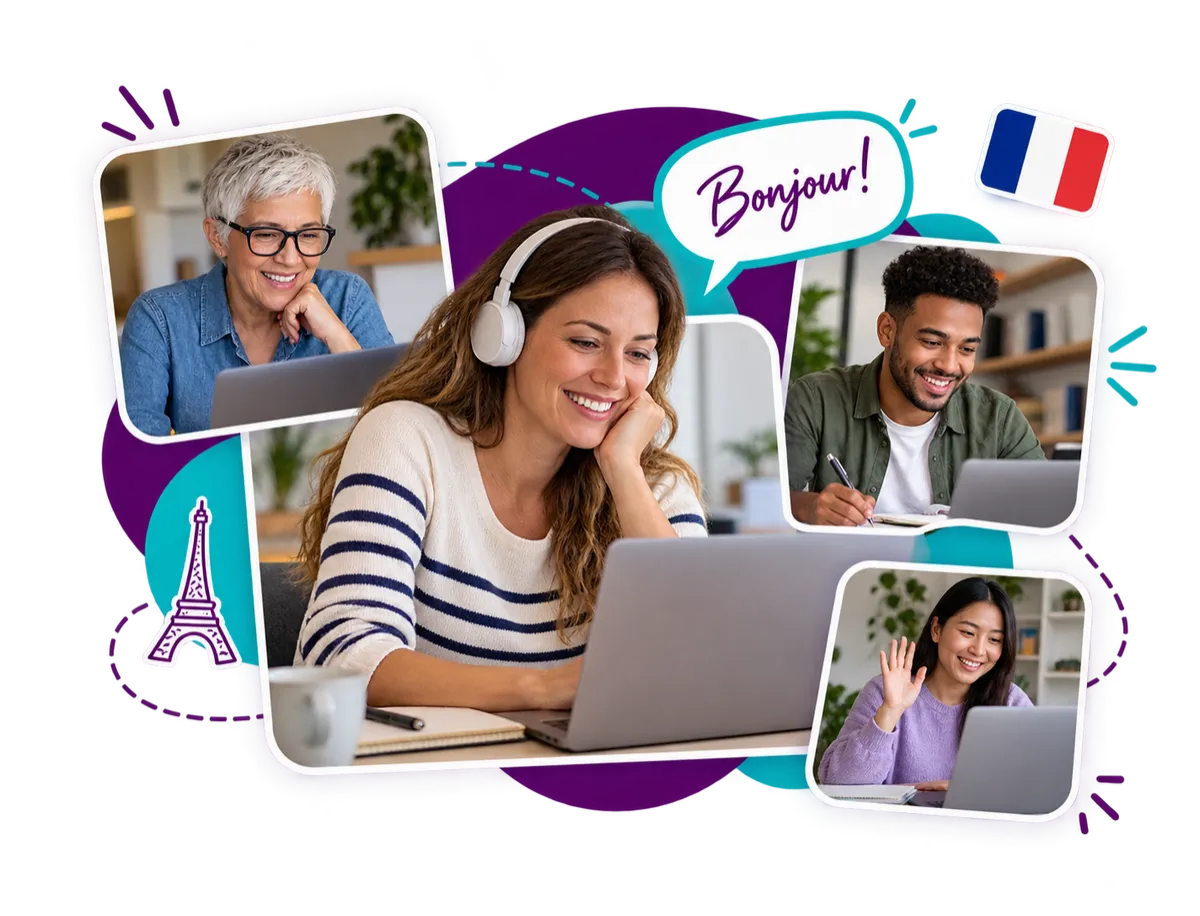 Friendly British adult smiling while learning French online with a laptop in a comfortable living room