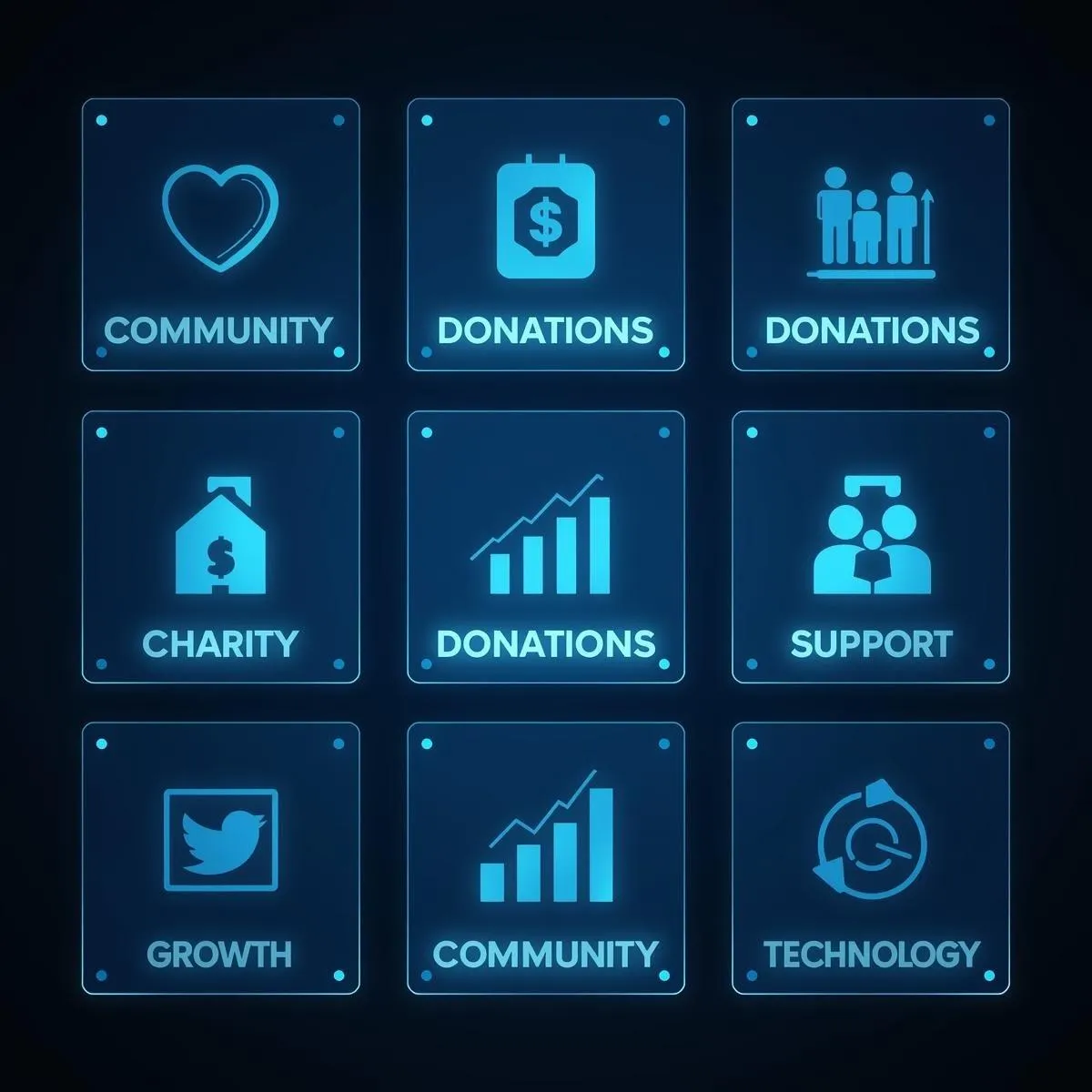 Blue glowing icons symbolizing donations, charity, growth, and community technology used by LevelUpX Solutions to support nonprofits in Mankato, MN