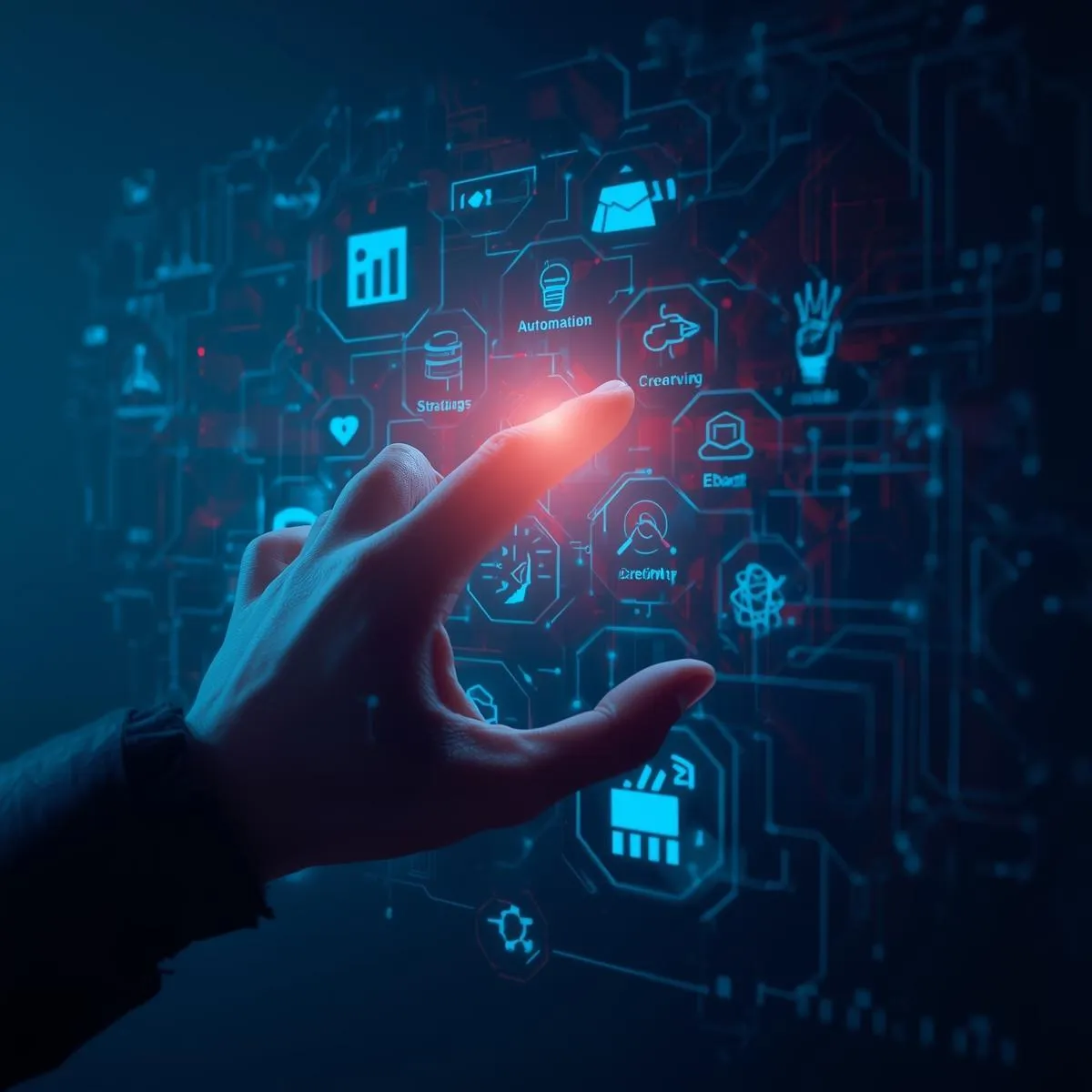 Hand selecting AI automation tools on a futuristic digital interface — representing LevelUpX Solutions’ AI-powered business automation services in Mankato, MN