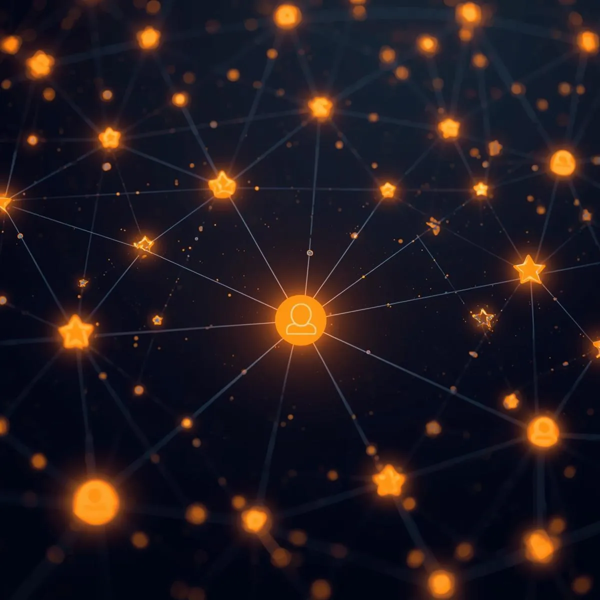 Network of glowing user icons and stars symbolizing online reviews and reputation management services by LevelUpX Solutions in Mankato, MN.