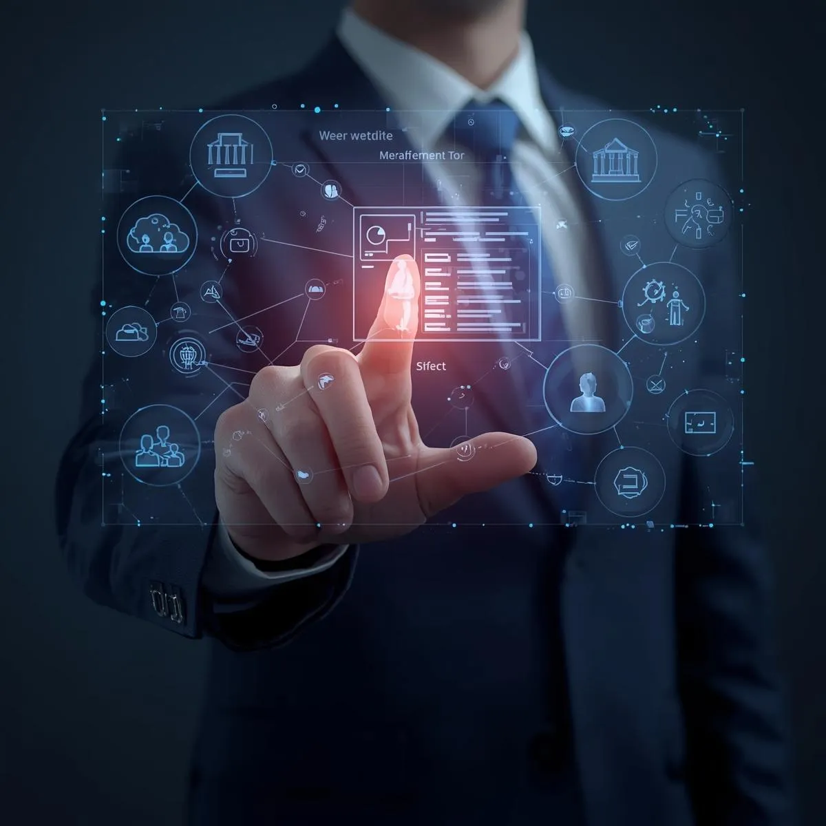 Business professional interacting with digital web interface symbolizing website design and funnel development services by LevelUpX Solutions in Mankato, MN