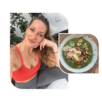 Woman enjoying a healthy anti-inflammatory meal after a workout, promoting balanced nutrition and gut health