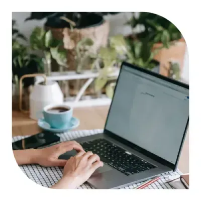 Person typing on a laptop at a desk with a cup of coffee, notebook, and indoor plants in a cozy workspace.