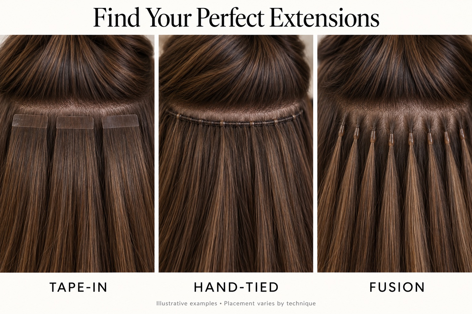 Comparison of tape-in, hand-tied weft and fusion hair extensions