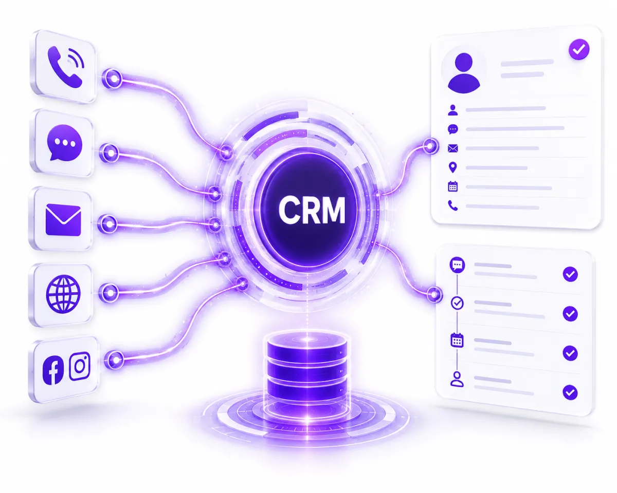 The letters “CRM” illuminated in bright blue at the center of a circular futuristic interface with neon purple accents and digital circuit elements.