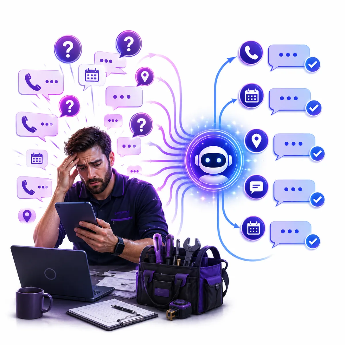 Neon purple question marks floating in a dark digital space, creating a sense of motion and depth.