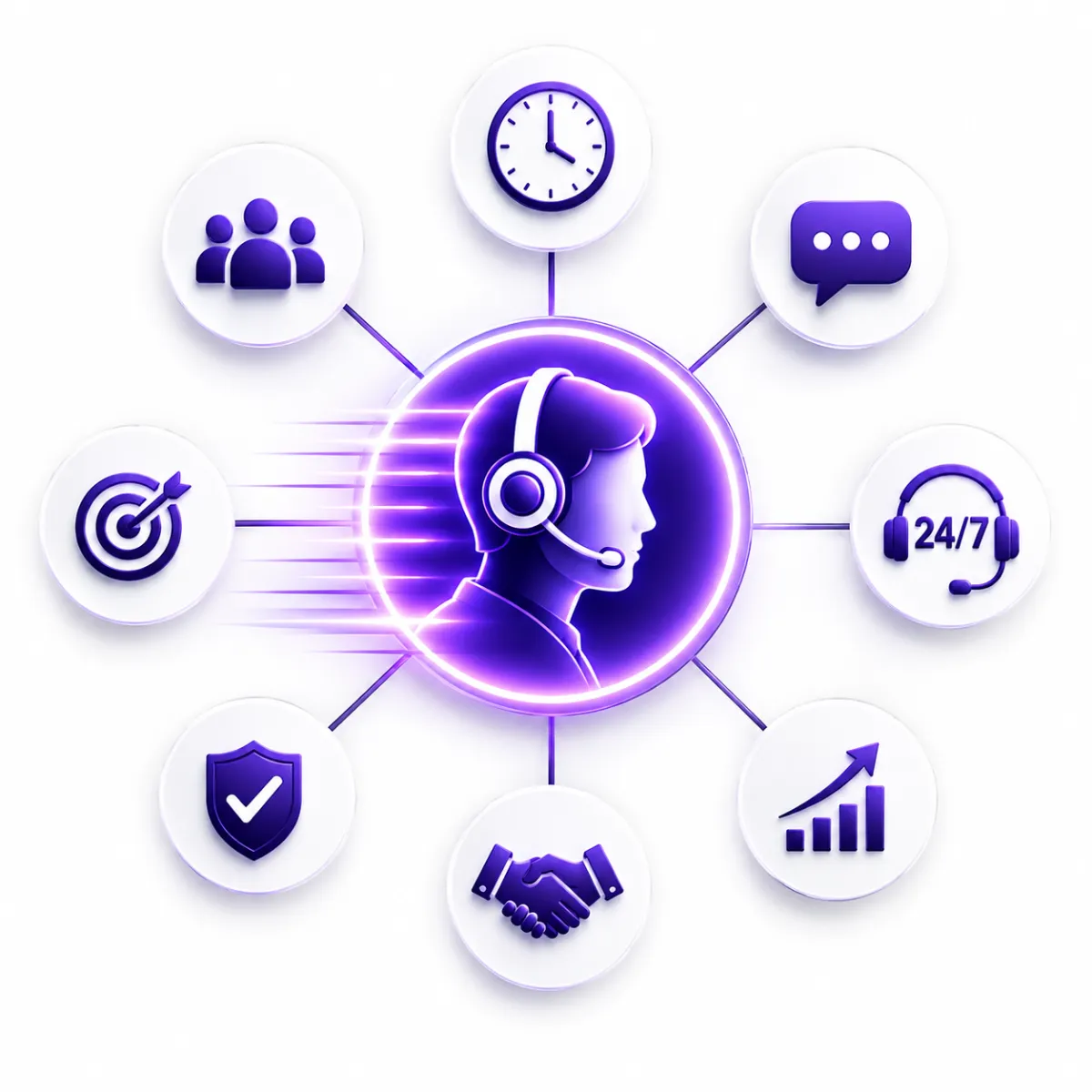 Neon blue smart-home themed icons arranged in a hexagonal grid on a purple tech background, with a central house-and-antenna icon surrounded by symbols for electricity, drones, HVAC, security, plumbing, pest control, and landscaping.