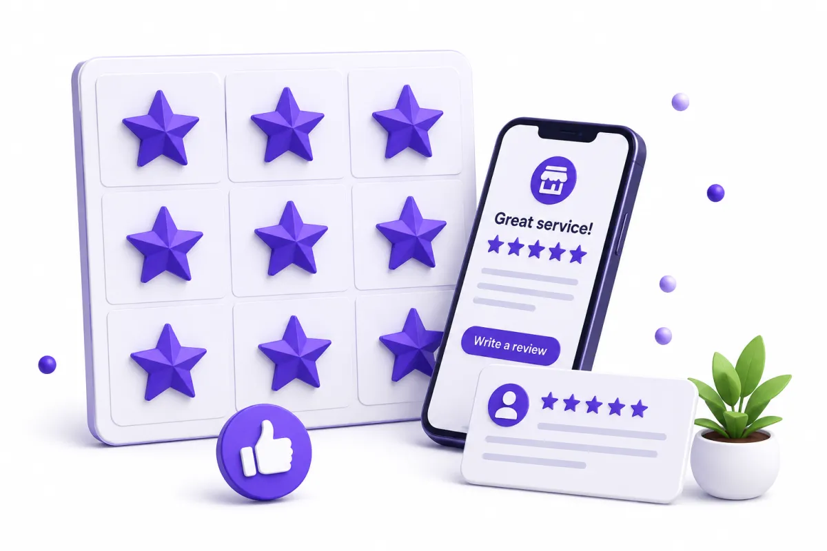Grid layout of purple neon five-pointed stars on a dark background, arranged in three rows and three columns