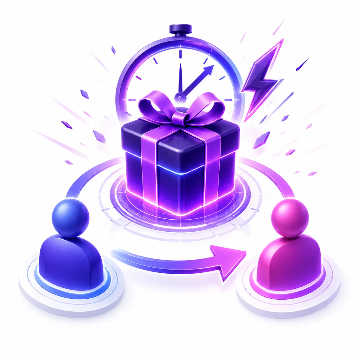 A glowing futuristic clock face with neon blue and purple circular elements, mechanical details, and radial markings arranged in a high-tech digital style.