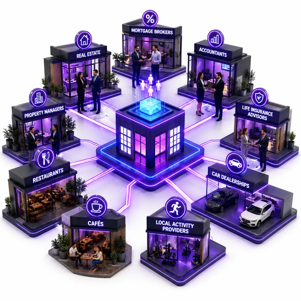 Neon isometric illustration of a digital data hub with floating screens and glowing components in pink and blue hues