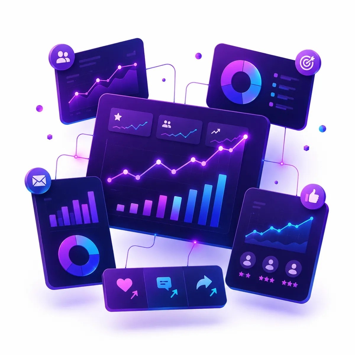 Futuristic digital analytics dashboards displayed in purple and blue neon tones, featuring graphs, charts, and data visualizations on a dark interface.