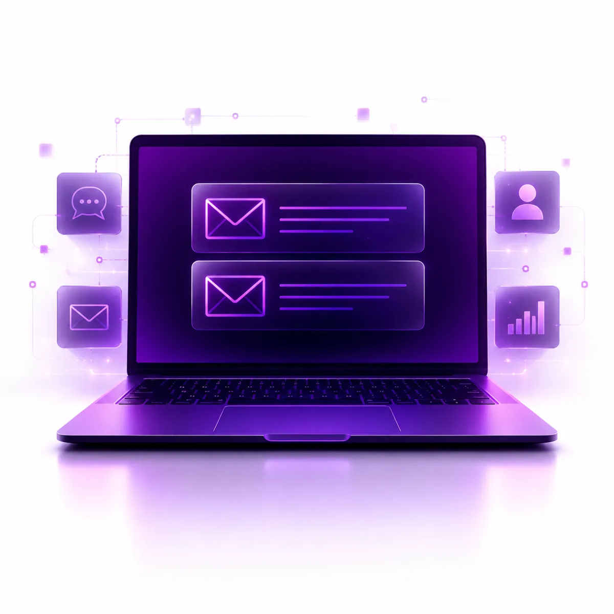 A glowing purple and blue illustration of a laptop displaying stylized email message icons on the screen, symbolizing digital communication or email management.