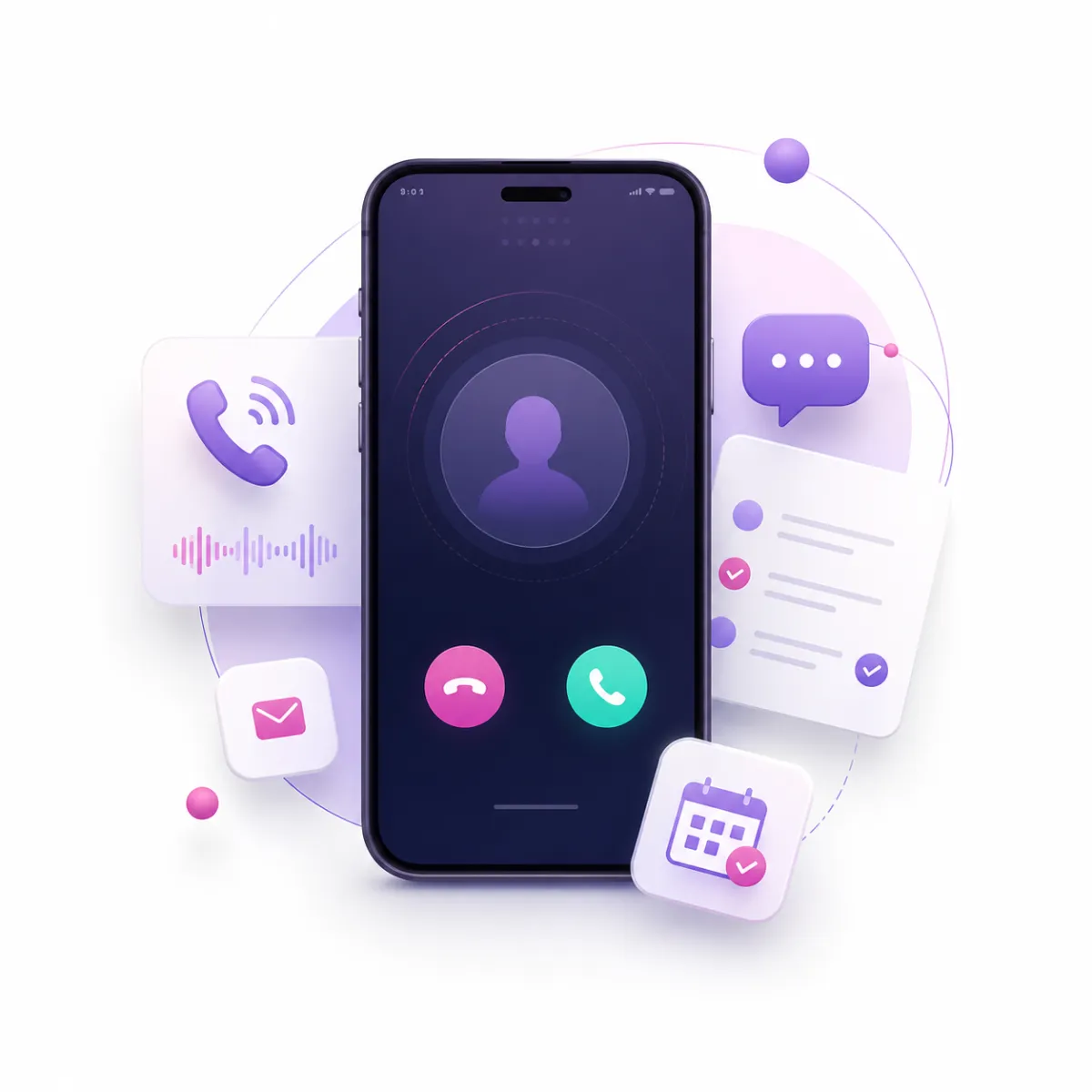 A stylized smartphone interface glowing in purple tones, displaying an incoming call screen with a neon phone icon and circular buttons for answering or dismissing the call.