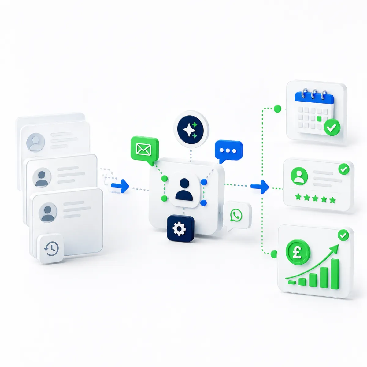 A futuristic digital illustration of a laptop surrounded by floating icons for messages, analytics, user profiles, and financial symbols, representing online communication, data management, and digital marketing systems.