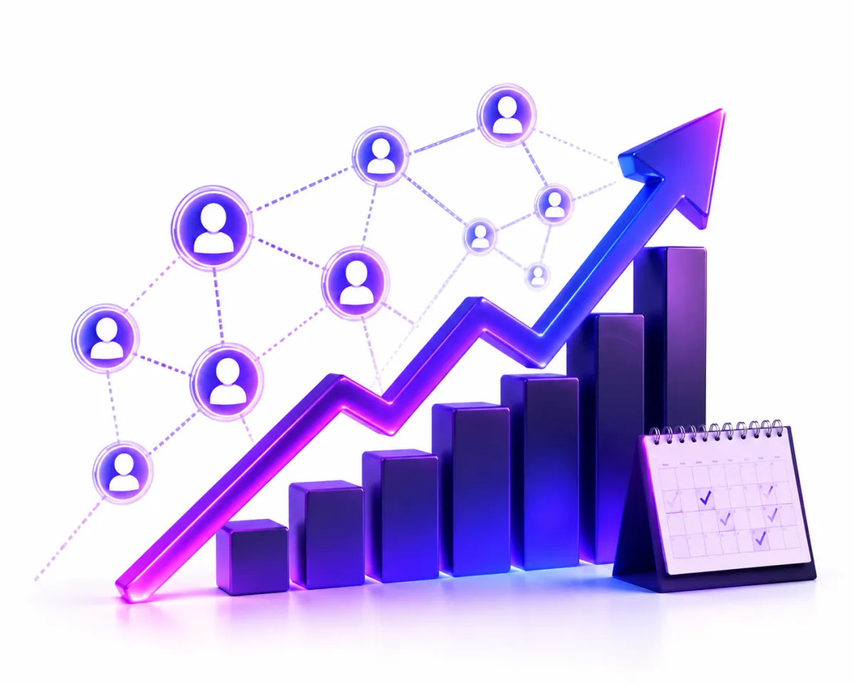 Neon-style line graph with a glowing purple and blue upward arrow, overlaid on a grid with data points, representing business or financial growth.