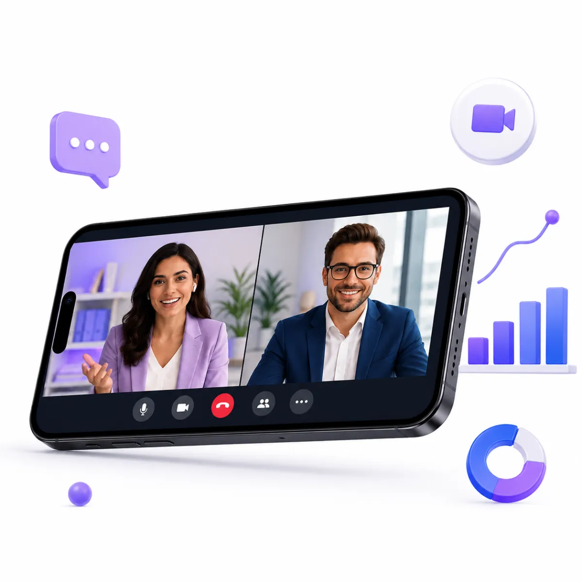 A digital illustration of a video call displayed on a tablet screen, showing a man and a woman side-by-side in a split view. Both appear smiling and well lit with blue and purple neon tones. The interface includes a chat bar and call controls beneath the video, set against a futuristic dark background with glowing circular and circuit-style elements.