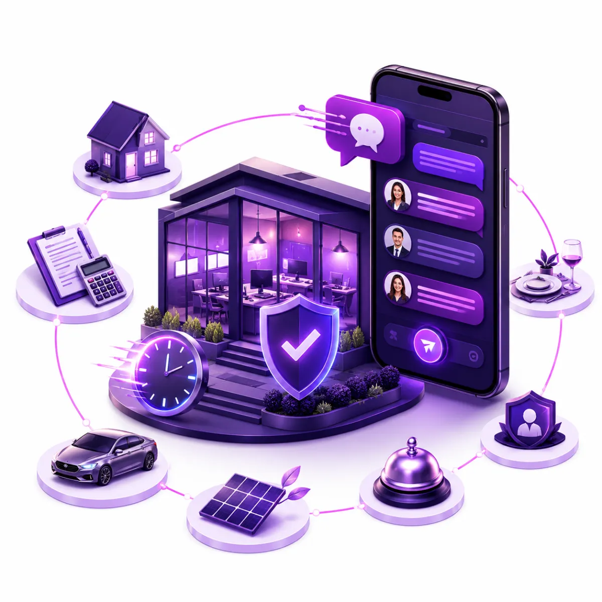 A smart home illustrated in purple and blue neon tones, surrounded by a digital interface of icons, cloud symbols, and circuitry, with a smartphone at the bottom controlling various home automation features.