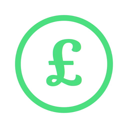A dark purple circle with an icon that shows a dollar sign and three arrows pointing up in the middle