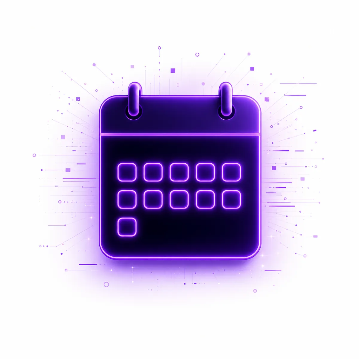 A glowing neon-purple calendar icon with circular date markers, set against a dark digital background with subtle futuristic light effects.
