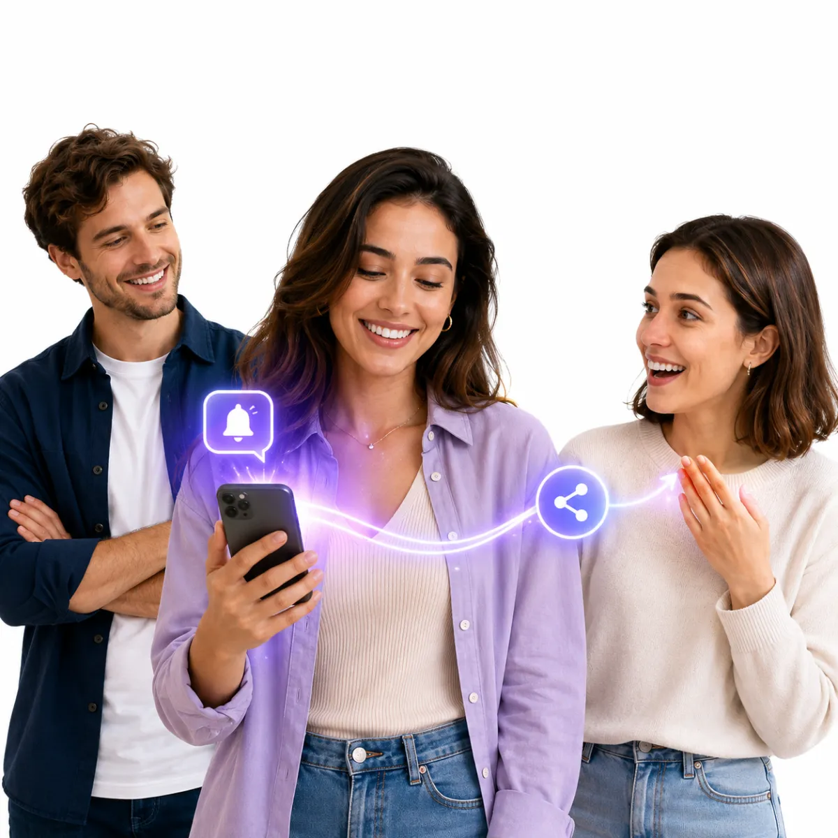 Three young women standing close together and smiling, illuminated by soft blue and purple lighting against a plain background.
