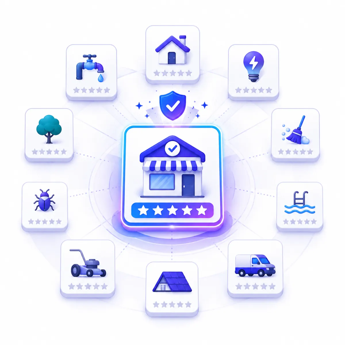 Neon blue smart-home icon set arranged in a circular layout on a purple tech-themed background, featuring symbols for security, energy, automation, health monitoring, environment, and home management.