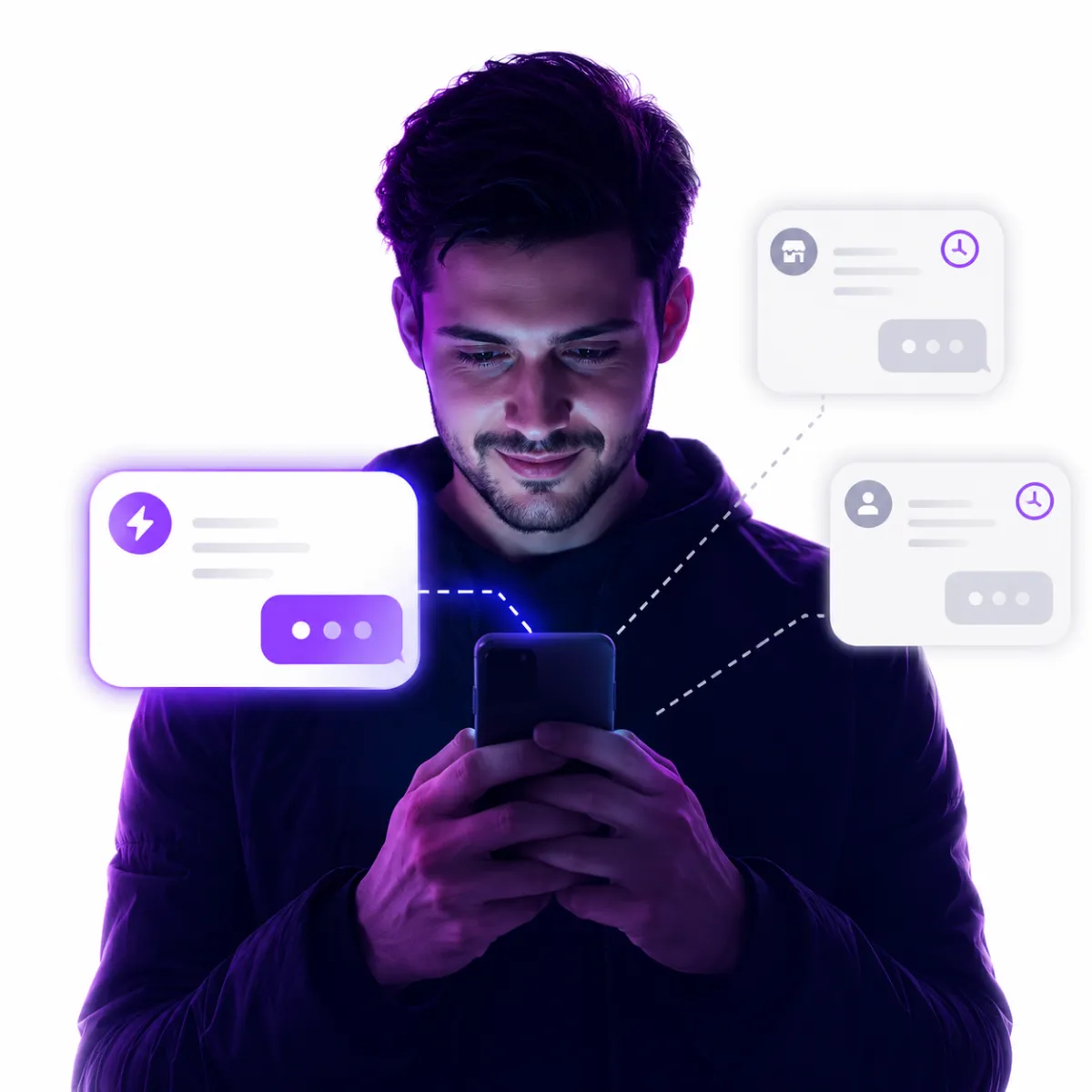 Digital illustration of a young man standing in a dark purple and blue environment, illuminated by the light of his smartphone as he looks down at the screen.