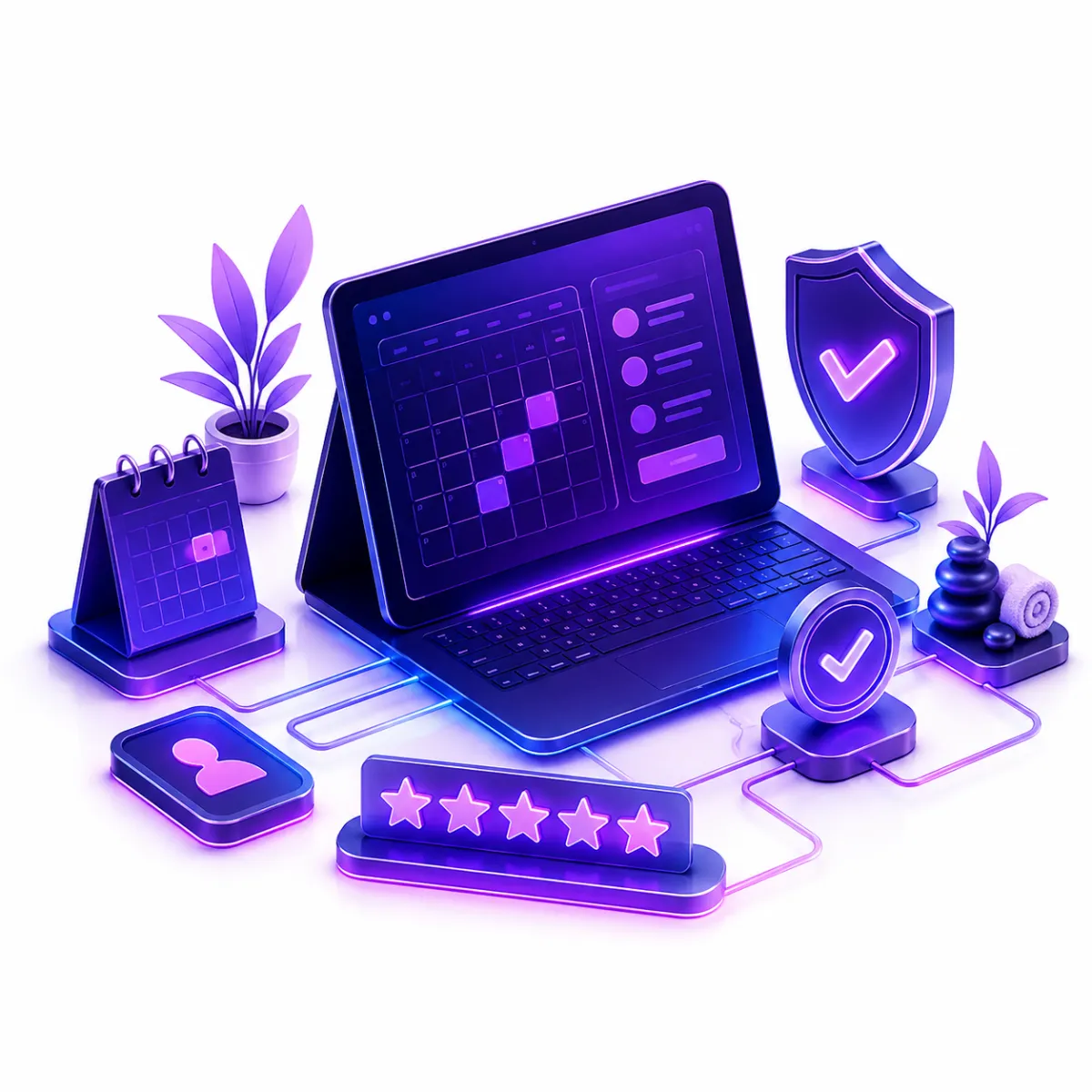 Futuristic digital illustration of a laptop surrounded by glowing holographic interface elements, charts, and tech devices in purple and blue tones, representing data analytics and advanced technology systems