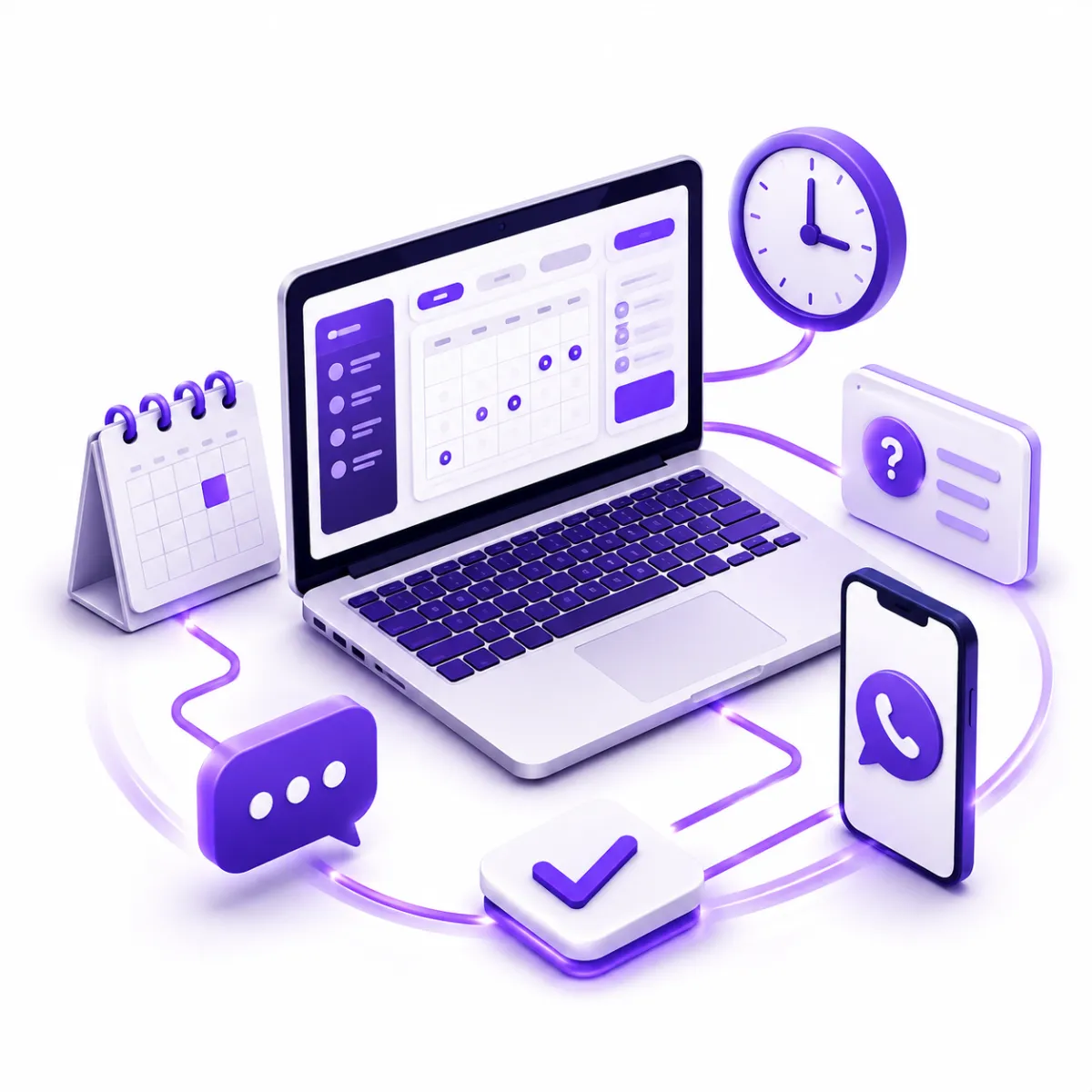 A futuristic laptop emitting purple and blue neon light, surrounded by holographic charts, data panels, and IoT devices representing analytics, automation, and digital system monitoring.