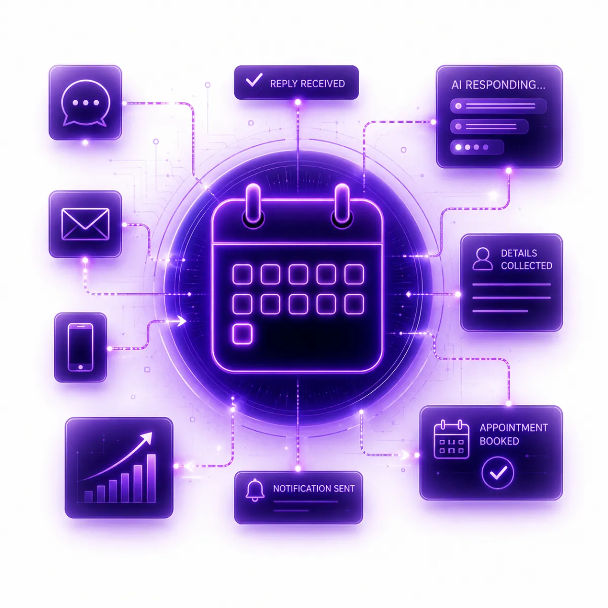 An abstract digital circuit pattern radiating outward from a dark circular center, with glowing purple lines and nodes forming a futuristic technological design.
