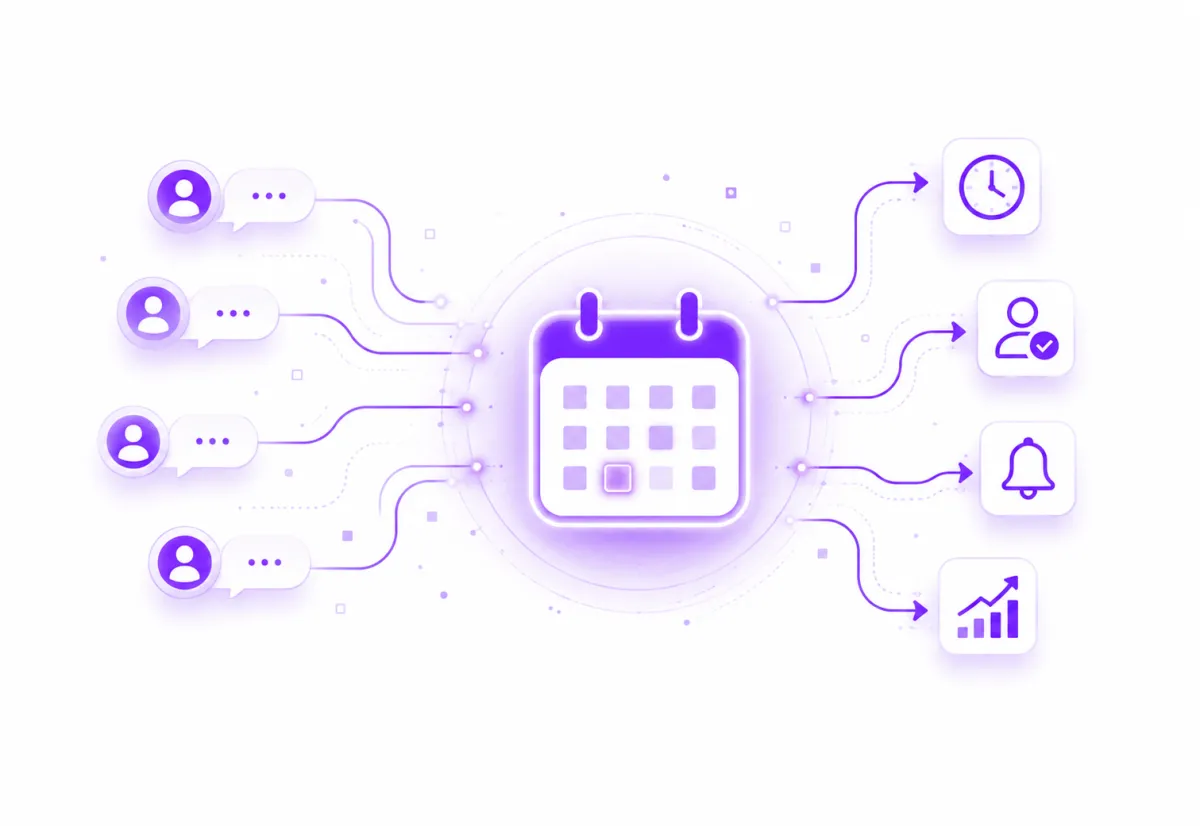 A glowing purple central calendar icon surrounded by many smaller calendar and scheduling-related icons arranged in a circular pattern against a dark digital background.
