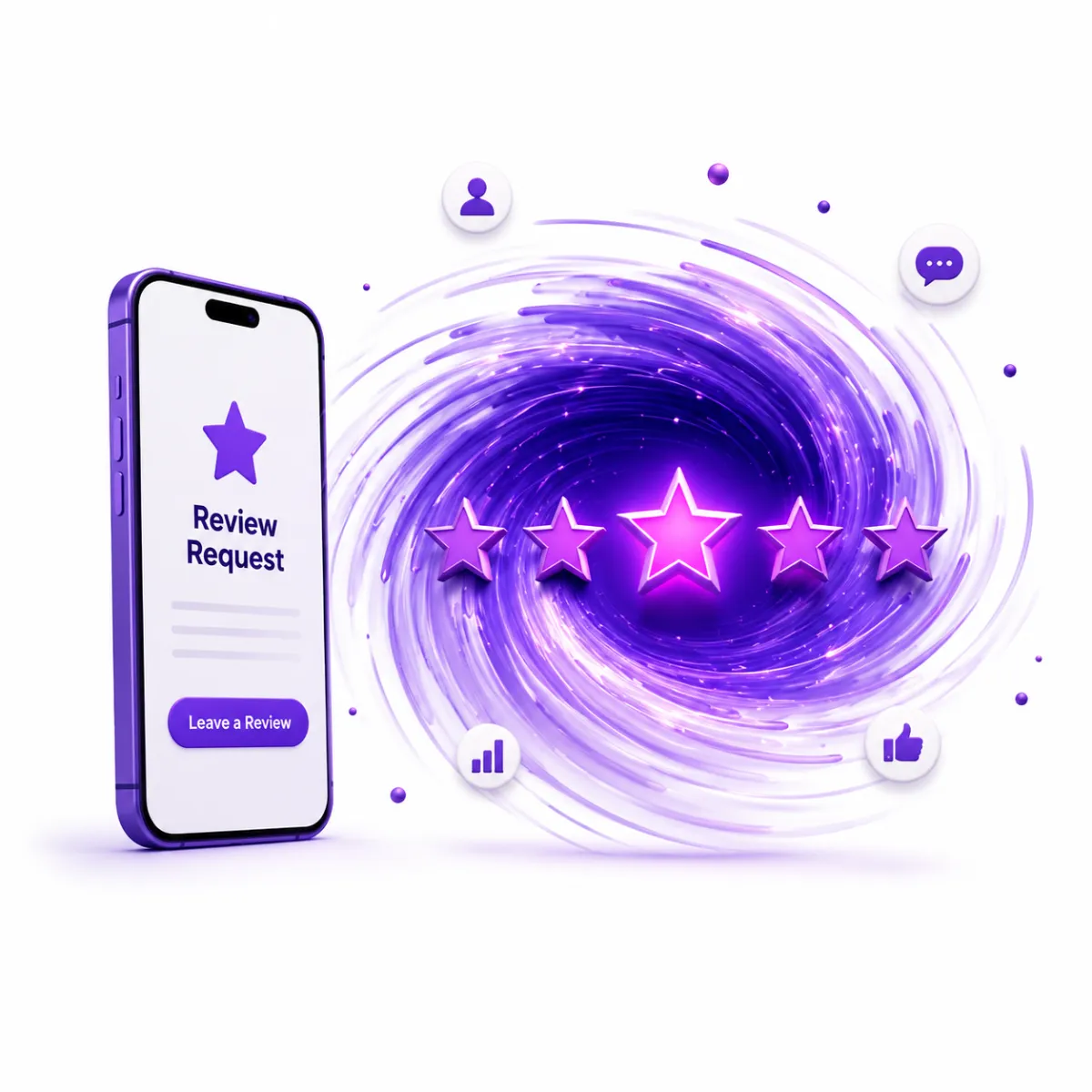 Five glowing purple stars arranged in a row at the center of a swirling cosmic vortex of purple and blue light, symbolizing a five-star rating with a futuristic theme.