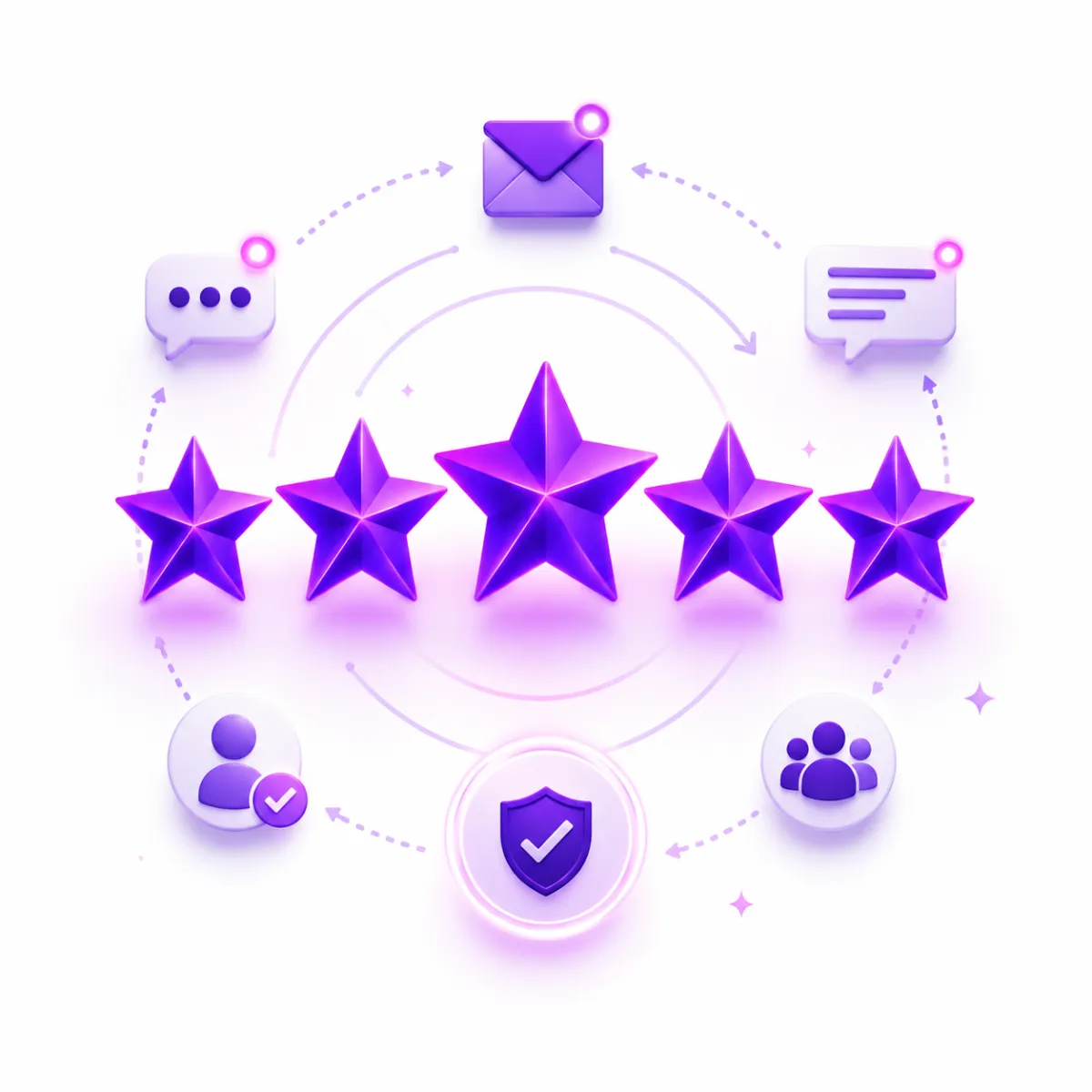 A row of five glowing purple 3D stars displayed against a dark background, representing a five-star rating.