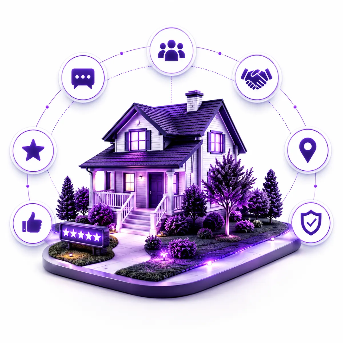 Neon purple and blue illustration of a modern smart home surrounded by floating digital interface icons and circuitry, symbolizing connected home technology and automation
