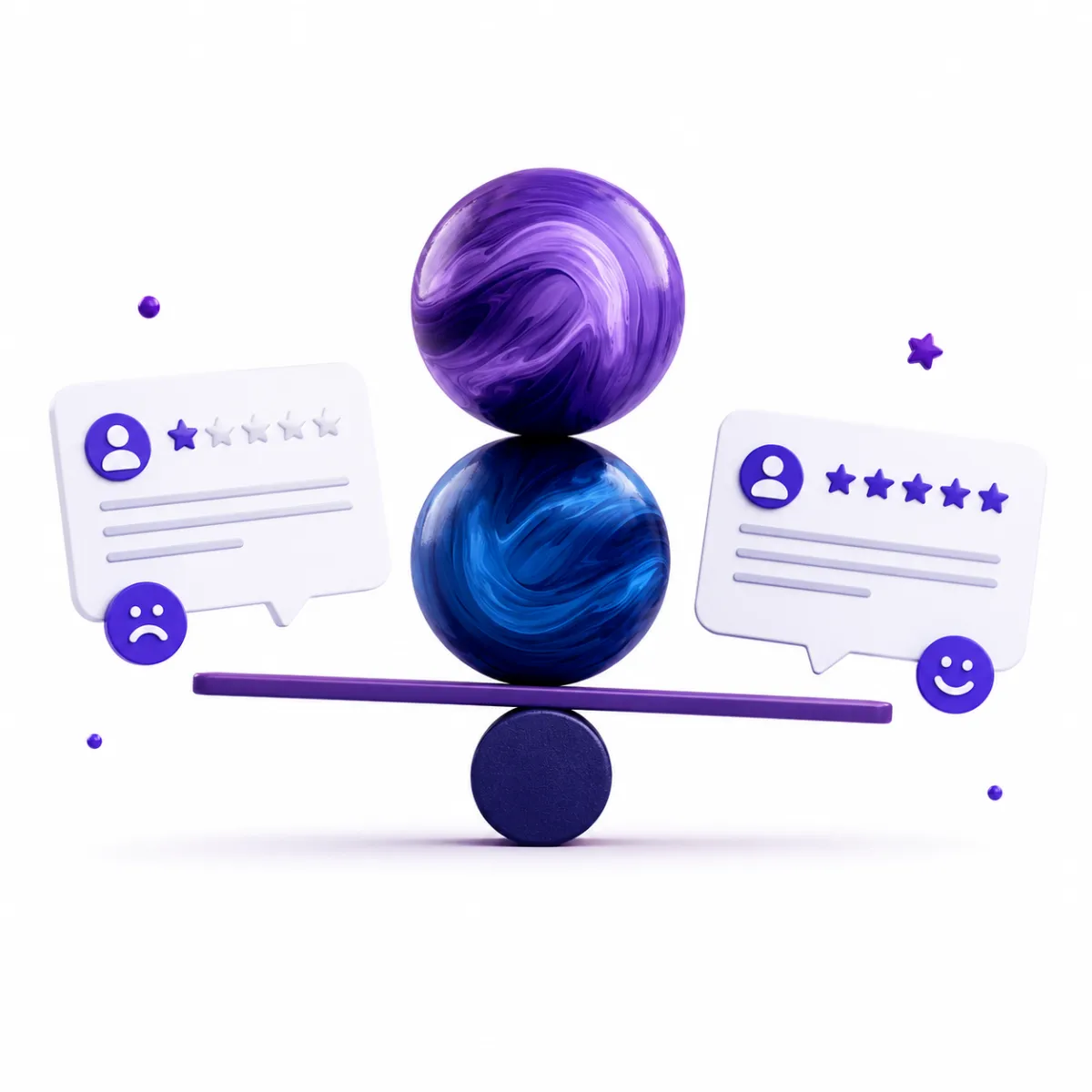 A swirling purple abstract sphere resting on a reflective surface, with its blue-tinted reflection creating a mirrored visual effect.