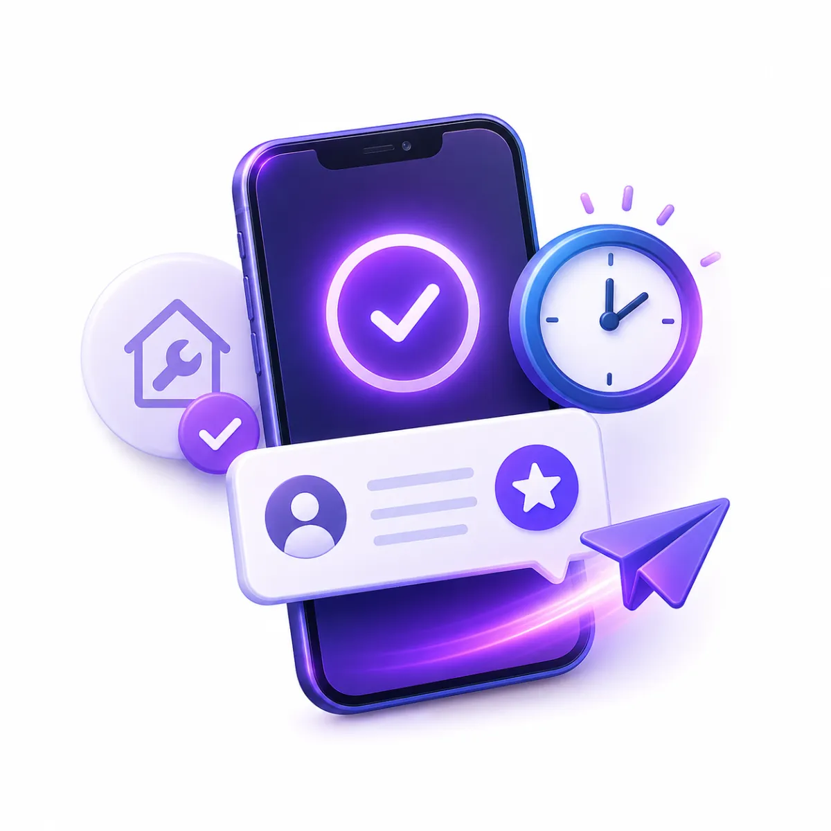 Futuristic neon clock interface glowing in purple and blue tones, with circular digital elements layered around a central analog clock face.
