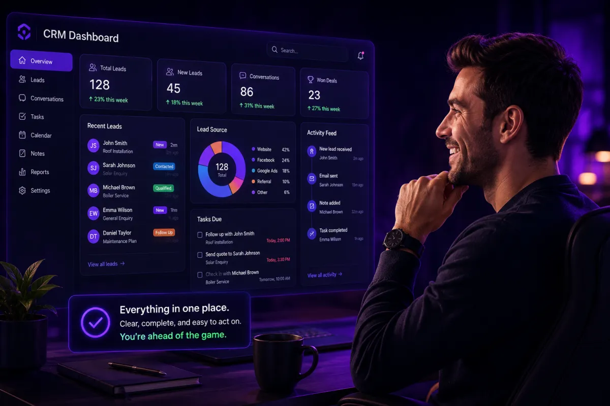 A futuristic laptop on a digital grid interface displaying glowing code and charts, surrounded by holographic data elements in purple and pink tones.
