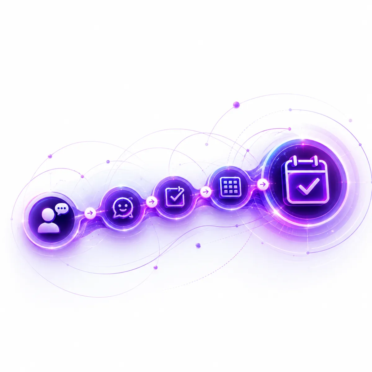 A central glowing purple calendar icon surrounded by a circular network of smaller digital icons, all connected by thin lines on a dark futuristic background.