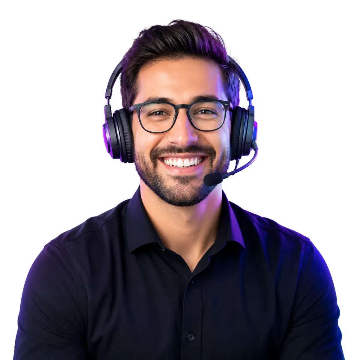 Smiling man wearing glasses and a headset with a microphone, lit by vibrant purple and blue lighting against a dark background.