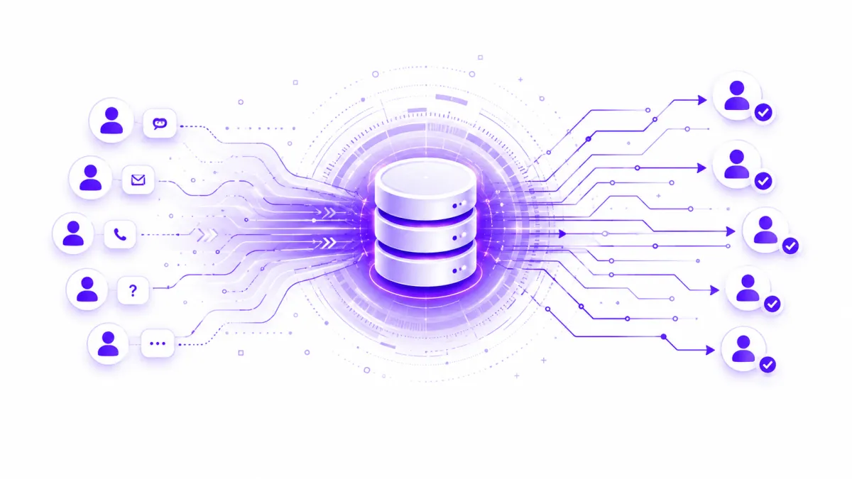 A glowing neon illustration of a database icon surrounded by circular digital circuitry and purple-blue light effects, symbolizing data storage and advanced technology on a dark background.