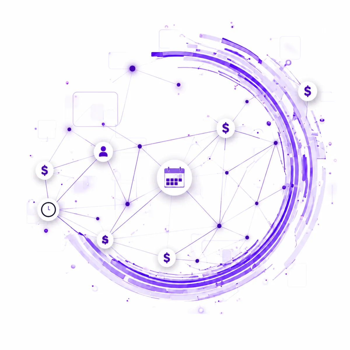A futuristic digital illustration of interconnected blue nodes and currency symbols forming a circular network pattern against a purple and blue gradient background, representing global financial data flow.