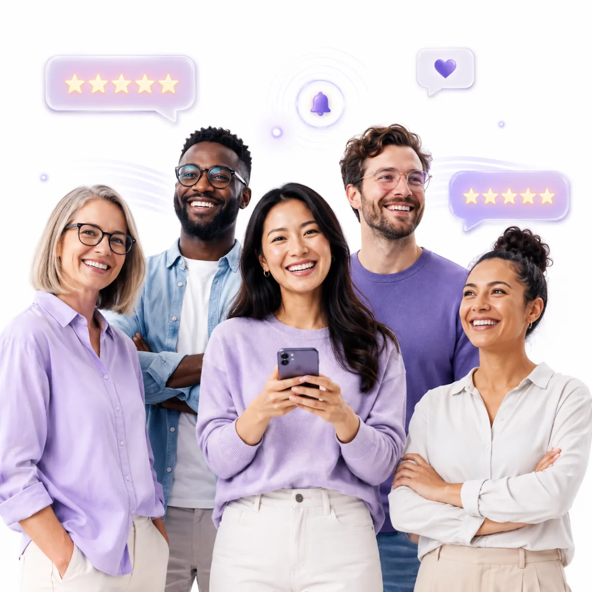 A group of ten people standing together and smiling, illuminated by purple and blue lighting against a dark gradient background