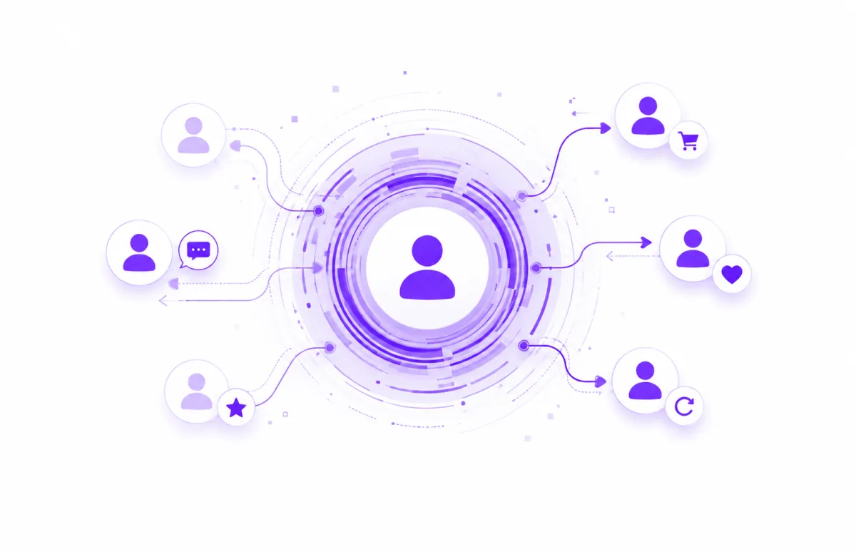 A silhouette of a person walking through the center of glowing purple concentric digital rings, creating the appearance of entering a futuristic portal or virtual world.