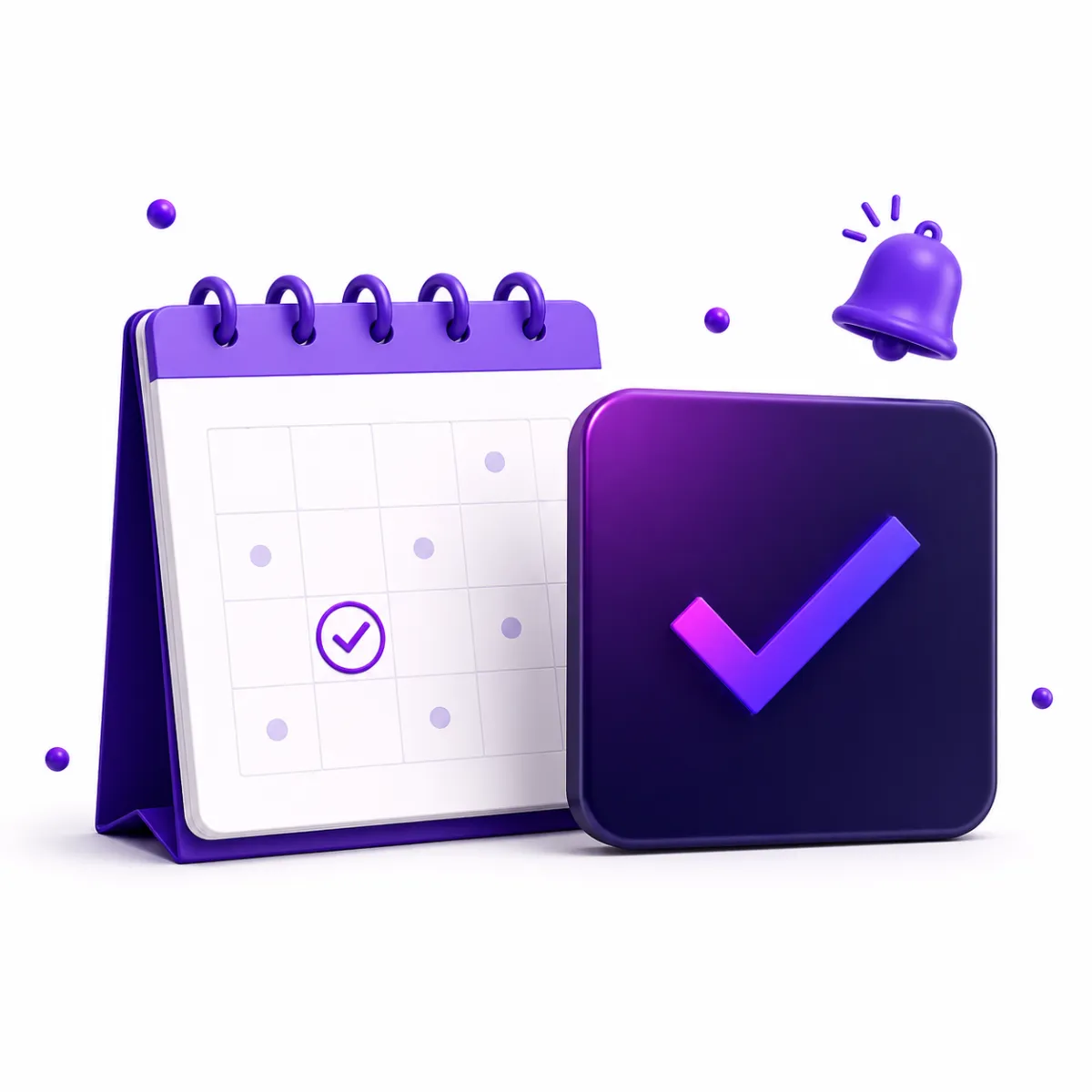 Neon purple and blue gradient checkmark icon centered on a dark background with soft glowing light in the upper left corner.