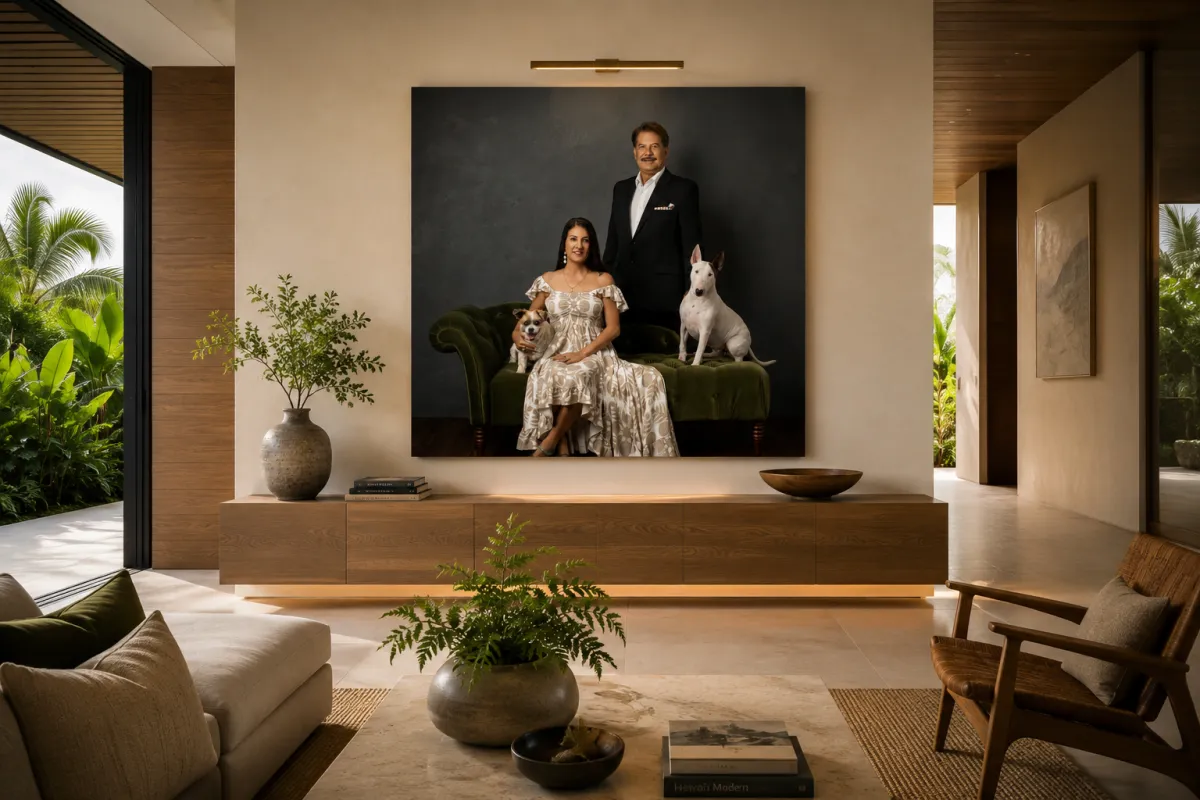 Large fine art dog portrait displayed in a contemporary Hawaii living room