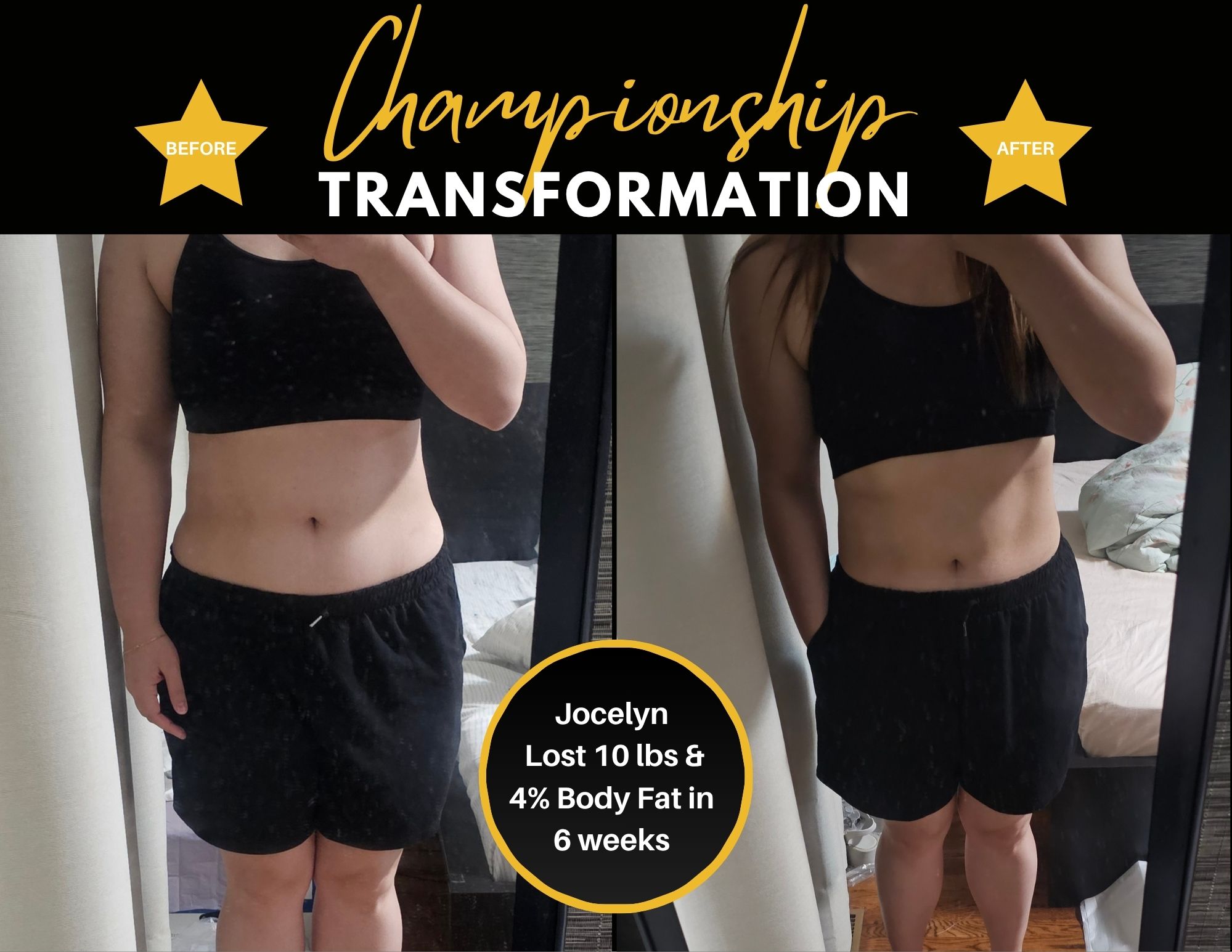 Before and after 6-week fitness transformation photo of Jocelyn Chan.